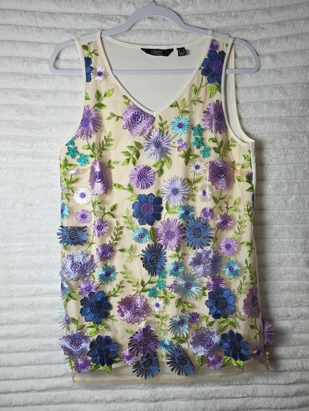 0615 dennis basso Cream‎ Tank with Purple & Blue Floral Sequin Embroidery
